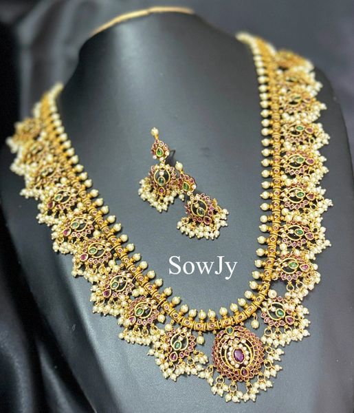 Gold Replica Floral Pendant Long Guttapusalu Haaram with Matching Earrings with Rice pearl Hangings- NO GOD/NO GODDESS/NO ANIMAL MOTIFS!!!