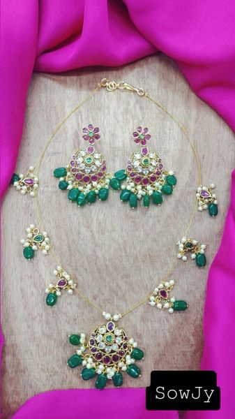 Jadau Replica Designer Real Kemp Stone Invisible Chain Pendant Sets with Matching Earrings-Design1 !!!!
