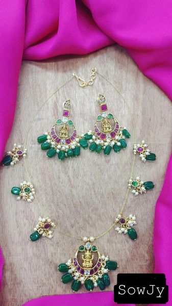 Jadau Replica Designer Real Kemp Stone Invisible Chain Pendant Sets with Matching Earrings-Design3 !!!!