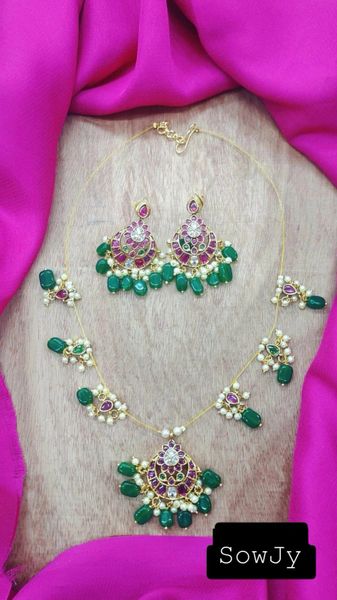 Jadau Replica Designer Real Kemp Stone Invisible Chain Pendant Sets with Matching Earrings-Design4 !!!!