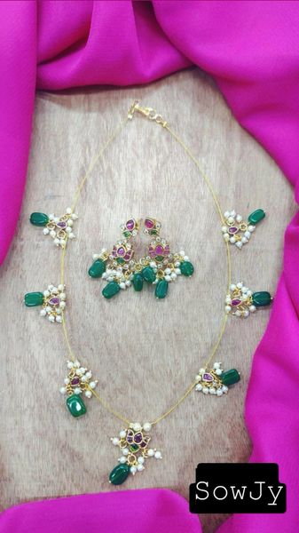 Jadau Replica Designer Real Kemp Stone Invisible Chain Pendant Sets with Matching Earrings-Design6 !!