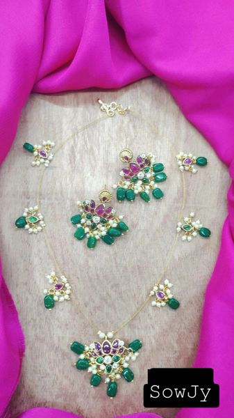 Jadau Replica Designer Real Kemp Stone Invisible Chain Pendant Sets with Matching Earrings-Design7 !!