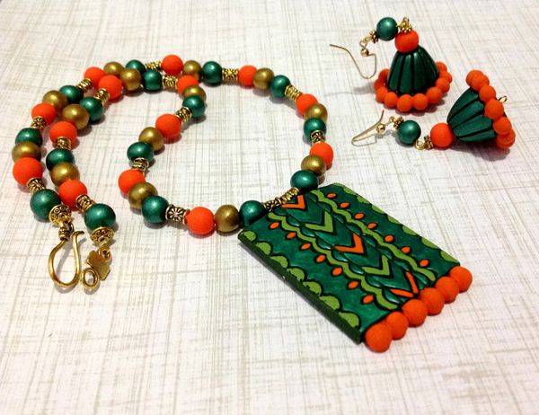 Green and Orange terracotta Design with Matching Jhumkas!!!!
