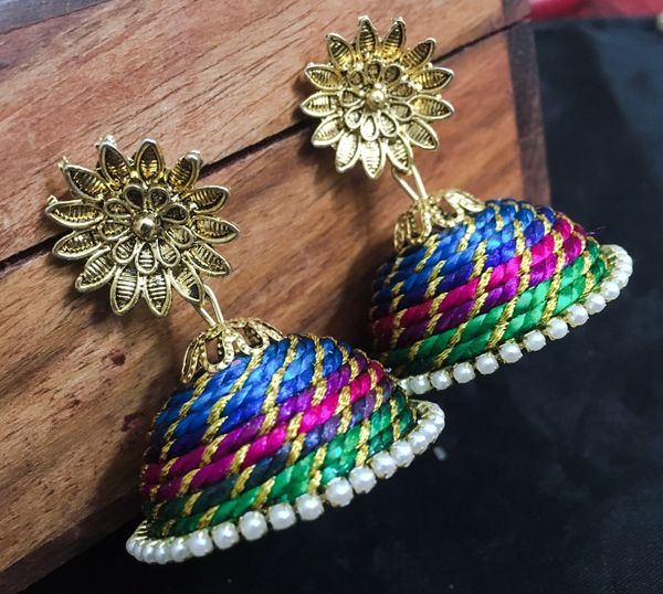Triple Colored Thread Large Sized Jhumka with Floral STuds!!!!!