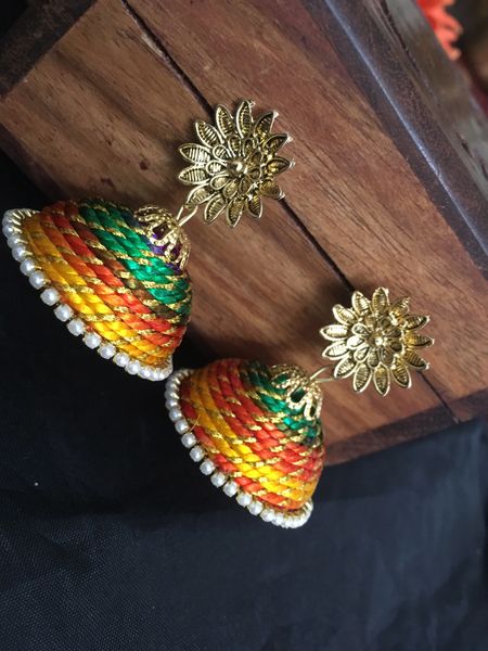 Green, yellow and Orange Colored Thread Jhumka-Large Sized!!!!!