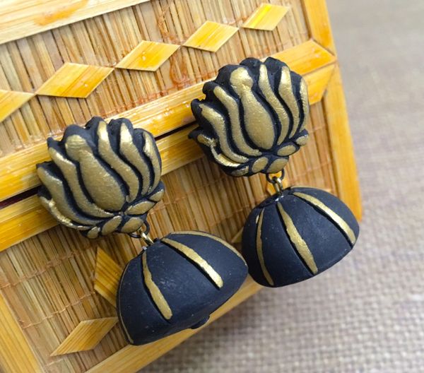 Lotus Medium Sized Terracotta Jhumka- Black and Gold!!!!!