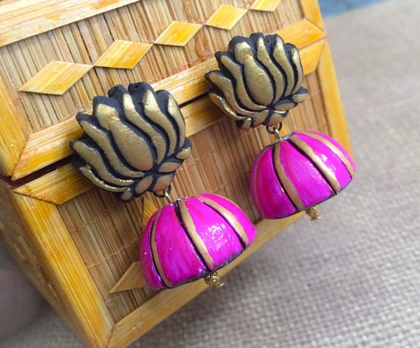 Lotus Medium Sized Terracotta Jhumka- Fuschia Pink and Gold!!!!!