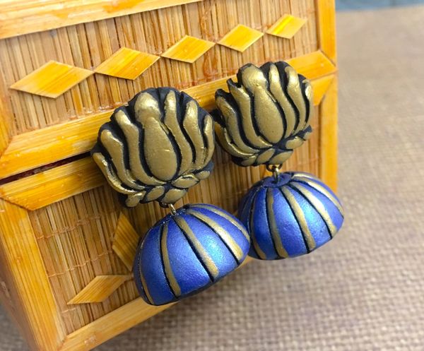 Lotus Medium Sized Terracotta Jhumka- metallic Dark Blue and Gold!!!!!