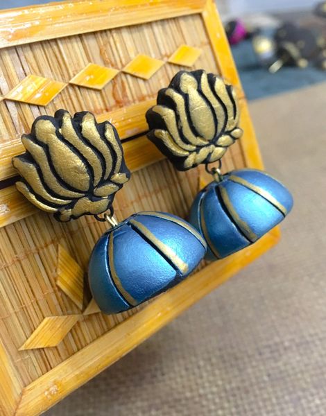 Lotus Medium Sized Terracotta Jhumka- Peacock Blue and Gold!!!!!