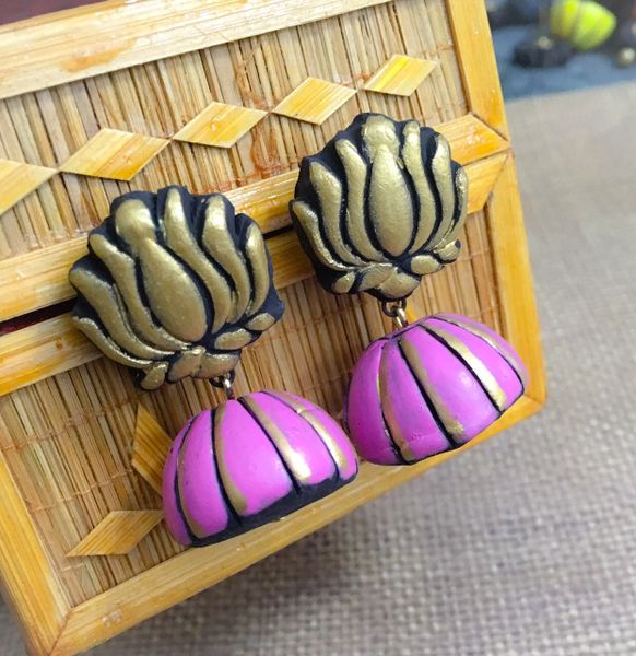 Lotus Medium Sized Terracotta Jhumka- Bright Pink and Gold!!!!!