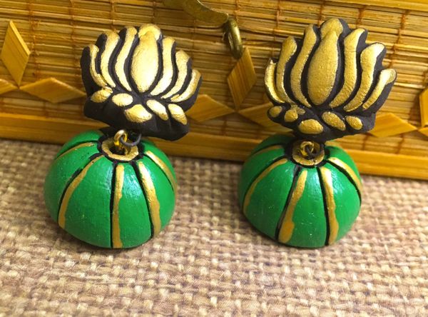 Lotus Medium Sized Terracotta Jhumka- Bright Green and Gold!!!!!