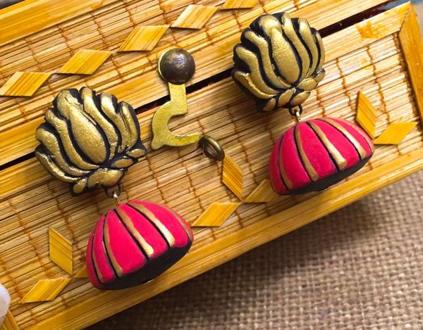 Lotus Medium Sized Terracotta Jhumka- Bright Red and Gold!!!!!