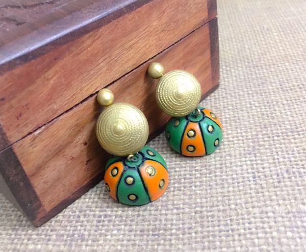 Dual Shade Medium Sized Terracotta Jhumkas- Green and Orange!!!!