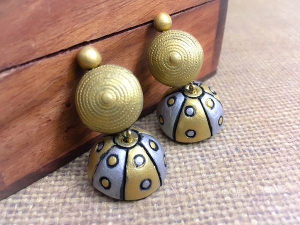 Dual Shade Medium Sized Terracotta Jhumkas- Silver and Gold!!!!