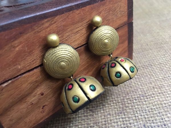 Dual Shade Medium Sized Terracotta Jhumkas- Gold!!!!