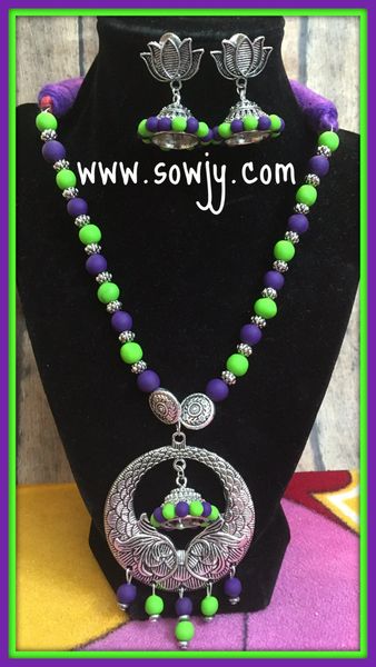 Lovely Floral Oxidised pendant Set with Jhumkas in Shades of Purple and Green!!!!!
