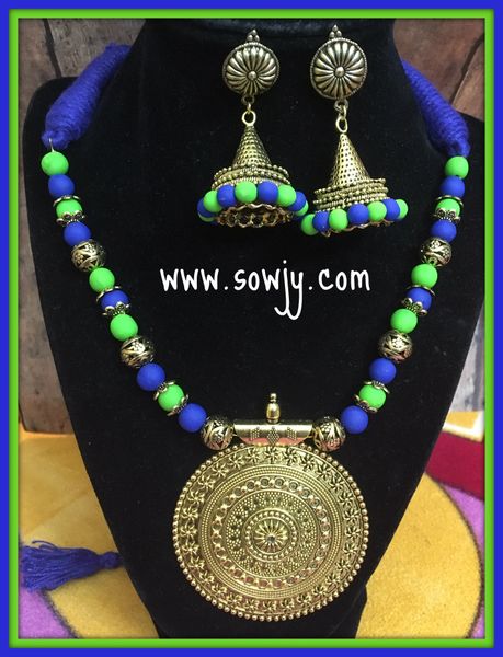 Big Sized Golden Pendant Set with Long Golden Jhumkas in Shades of Blue and Green!!!!!
