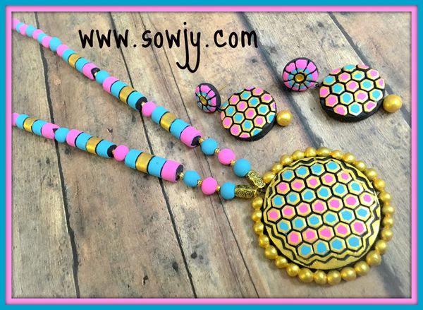 Trendy Hexagon Shaped Terracotta set with Light weighted earrings in Shades of Blue and Pink!!!