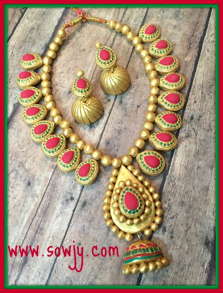 Long and Grand Gold Haaram in terracotta Cly with Jhumkas!!!!!