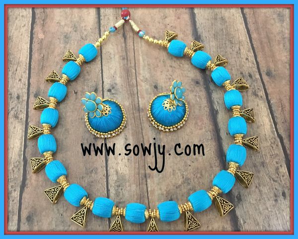 Simple Sky Blue Shaded Silk Thread Choker Set with Medium Sized Silk Thread Jhumkas!!!!