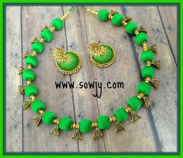 Simple Parrot Green Shaded Silk Thread Choker Set with Medium Sized Silk Thread Jhumkas!!!!