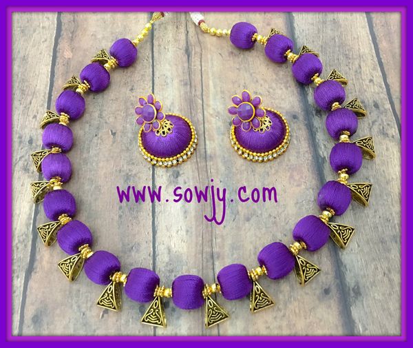 Simple Purple Shaded Shaded Silk Thread Choker Set with Medium Sized Silk Thread Jhumkas!!!!