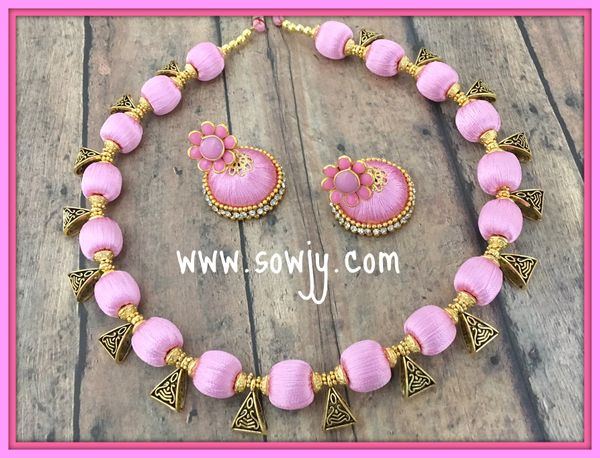 Simple Light Pink Shaded Shaded Silk Thread Choker Set with Medium Sized Silk Thread Jhumkas!!!!