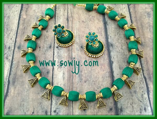 Simple Dark Green Shaded Shaded Silk Thread Choker Set with Medium Sized Silk Thread Jhumkas!!!!