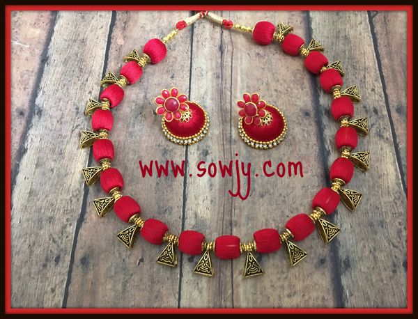 Simple Red Shaded Shaded Silk Thread Choker Set with Medium Sized Silk Thread Jhumkas!!!!