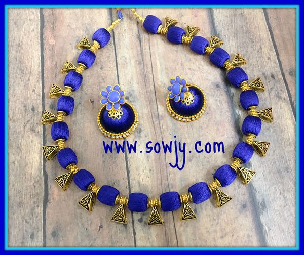 Simple Ink Blue Shaded Shaded Silk Thread Choker Set with Medium Sized Silk Thread Jhumkas!!!!