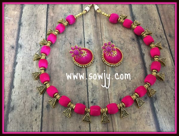 Simple Dark Pink Shaded Shaded Silk Thread Choker Set with Medium Sized Silk Thread Jhumkas!!!!