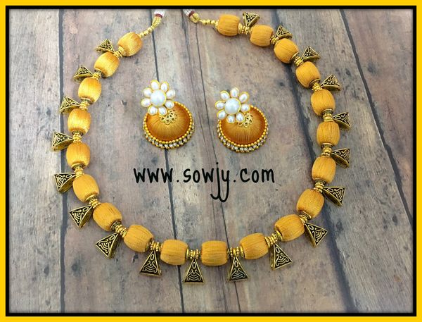 Simple Mustard Golden Shaded Shaded Silk Thread Choker Set with Medium Sized Silk Thread Jhumkas!!!!