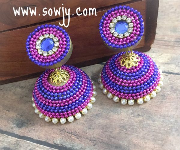 Grand Paper Quilled Jhumkas in Ink Blue and Pink- Size Large!!!