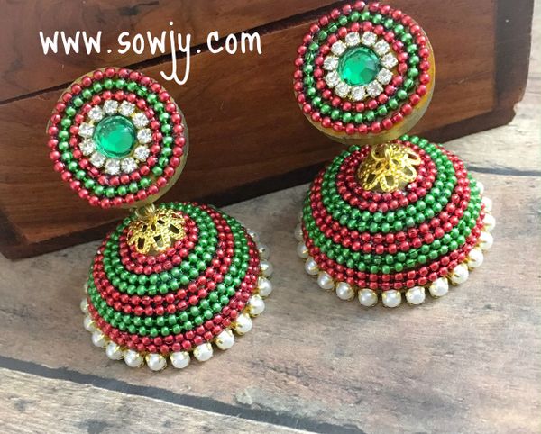 Grand Paper Quilled Jhumkas in Ink Red and Green- Size Large!!!