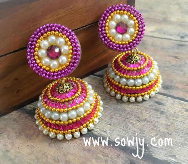 Grand Designer Rani Pink and Pearl Party Wear Jhumka- Size Large