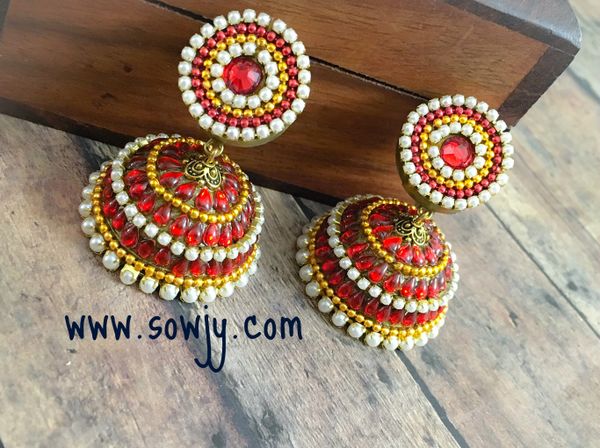 Grand Designer Red STone and Pearl Party Wear Jhumka- Size Large