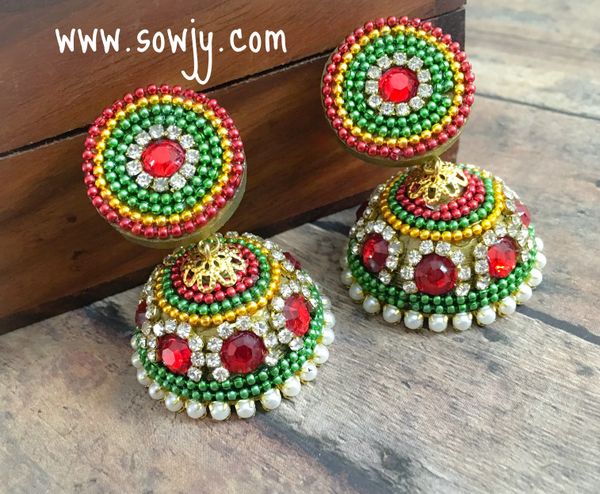 Grand Designer Party Wear Big Sized Jhumkas in Red, Green and Gold Shades!!!!