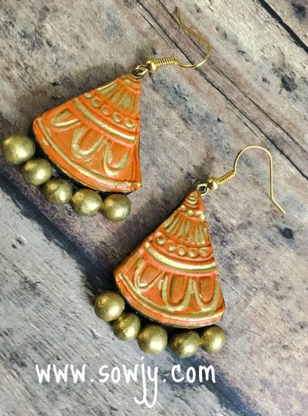 Daily Wear Triangular Terracotta Earrings- Orange Shade!!!!