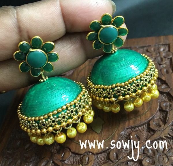 Handmade Paper Quilled Grand Jhumkas In Dark Gtreen and Gold!!!!