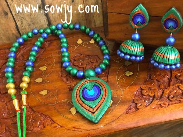 Lovely Peacock Feather Terracotta Set with large Sized Jhumkas in Shades of Dark Green and Dark Blue!!!!!!