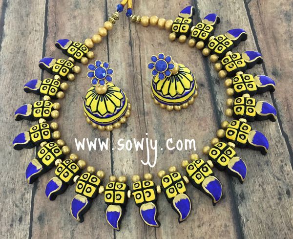 Grand temple Style Terracotta Choker Set with large Sized Jhumkas in Shades of Ink Blue and yellow!!!!!!