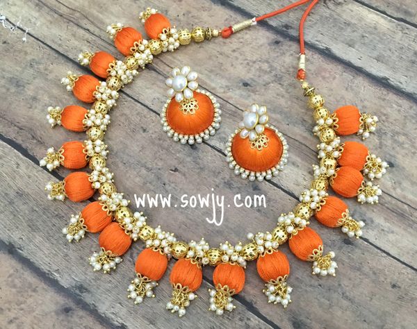 Orange and pearl Silk Thread Choker Set with Medium Sized Jhumkas!!!!