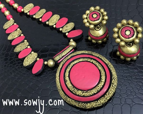 Grand Terracotta Haaram Style Necklace with medium Sized Jhumkas in Red and Gold!!!