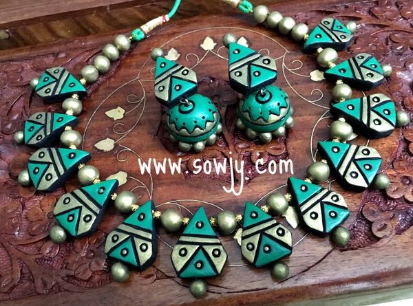 Diamond Shaped Terracotta Choker Set with Medium Sized Jhumkas in Shades of Green and Gold!!!!
