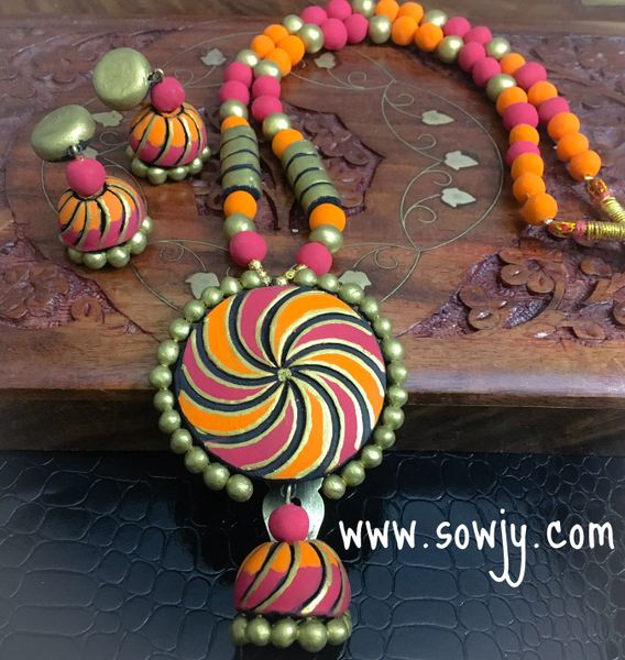 Grand Chakra Jhumka Pendant Set In Shades of Red,Orange and Gold with Medium Sized Jhumkas!!!!