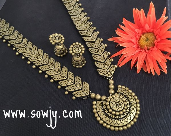 Handmade Long Designer Terracotta Golden Haaram with large Sized Jhumkas