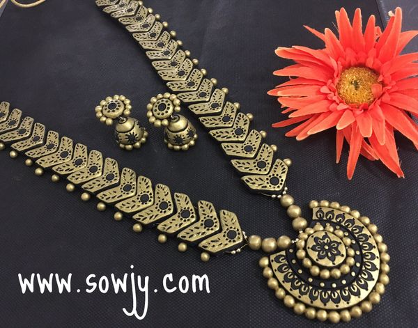 Handmade Long Designer Terracotta Gold and Black Haaram with large Sized Jhumkas