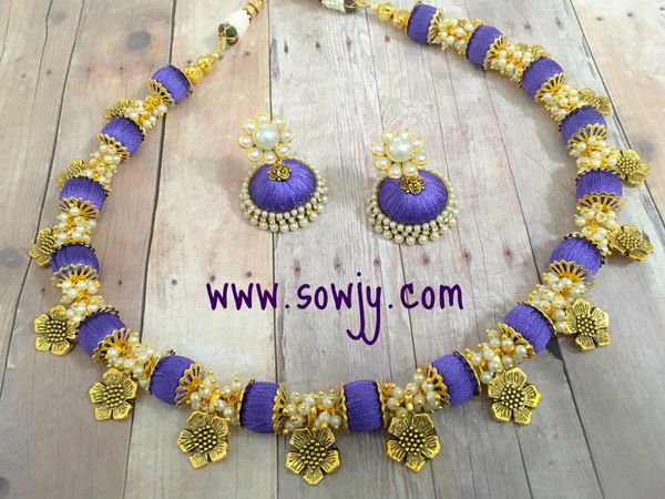 Handmade Silk Thread Flower Charm Choker Set in Purple Shades and pearls with Medium Sized Jhumkas!!!!