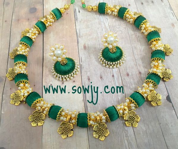 Handmade Silk Thread Flower Charm Choker Set in Dark Green Shades and pearls with Medium Sized Jhumkas!!!!