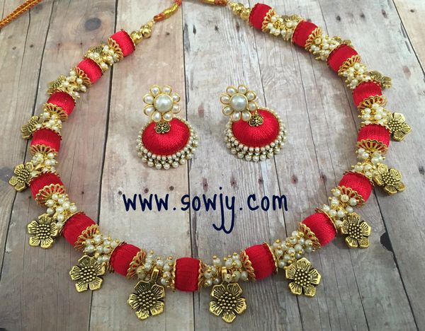 Handmade Silk Thread Flower Charm Choker Set in Bright Red Shades and pearls with Medium Sized Jhumkas!!!!